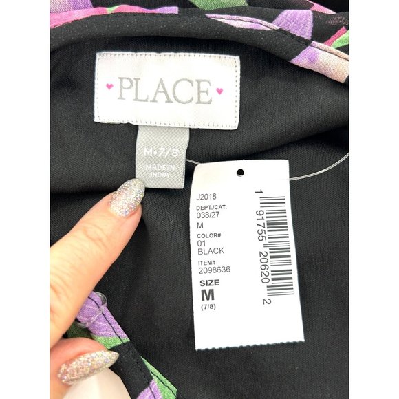 Children’s Place Girls’ Dress M 7/8 Floral Black Pink Hi/Lo Ruffled Cold Shoulde - Picture 4 of 16